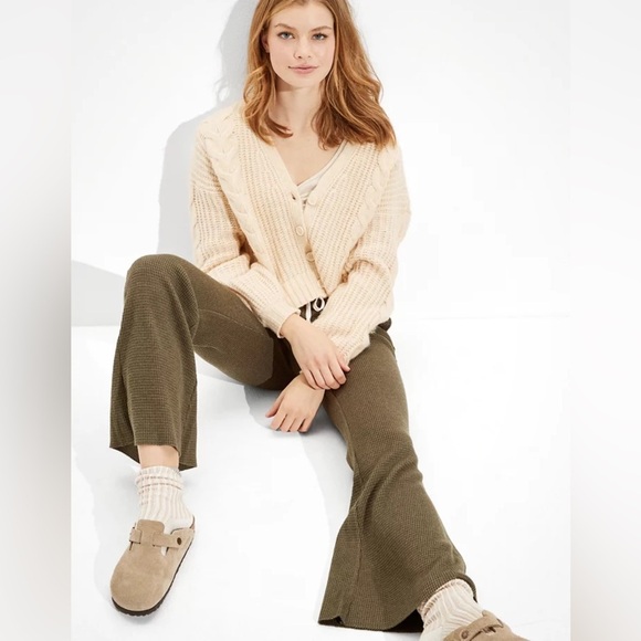 AE Waffle Super High Waisted Flare Pants Olive Green Drawstring Women’s Sm NWT - Picture 9 of 9